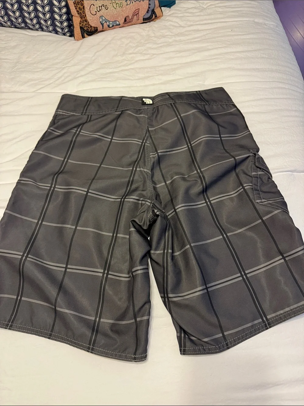 The North Face Men’s Black Gray Plaid Swim Board Shorts with Green Waistband